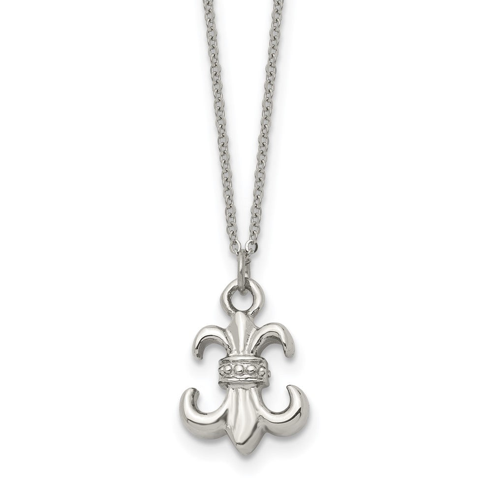 Stainless Steel Polished Fleur de lis 18.75in w/2 ext Necklace, 18.75 mm