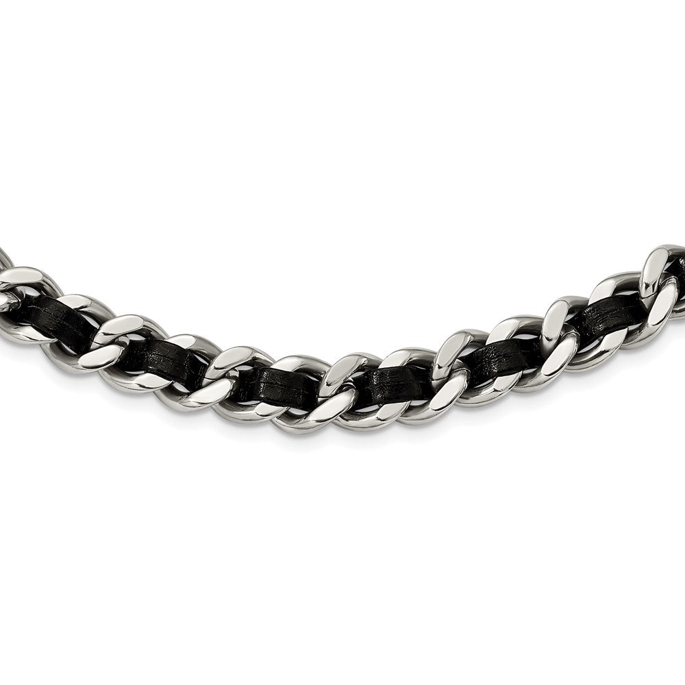 Stainless Steel Polished Black Leather Curb w/2in ext Choker Necklace, 15 mm