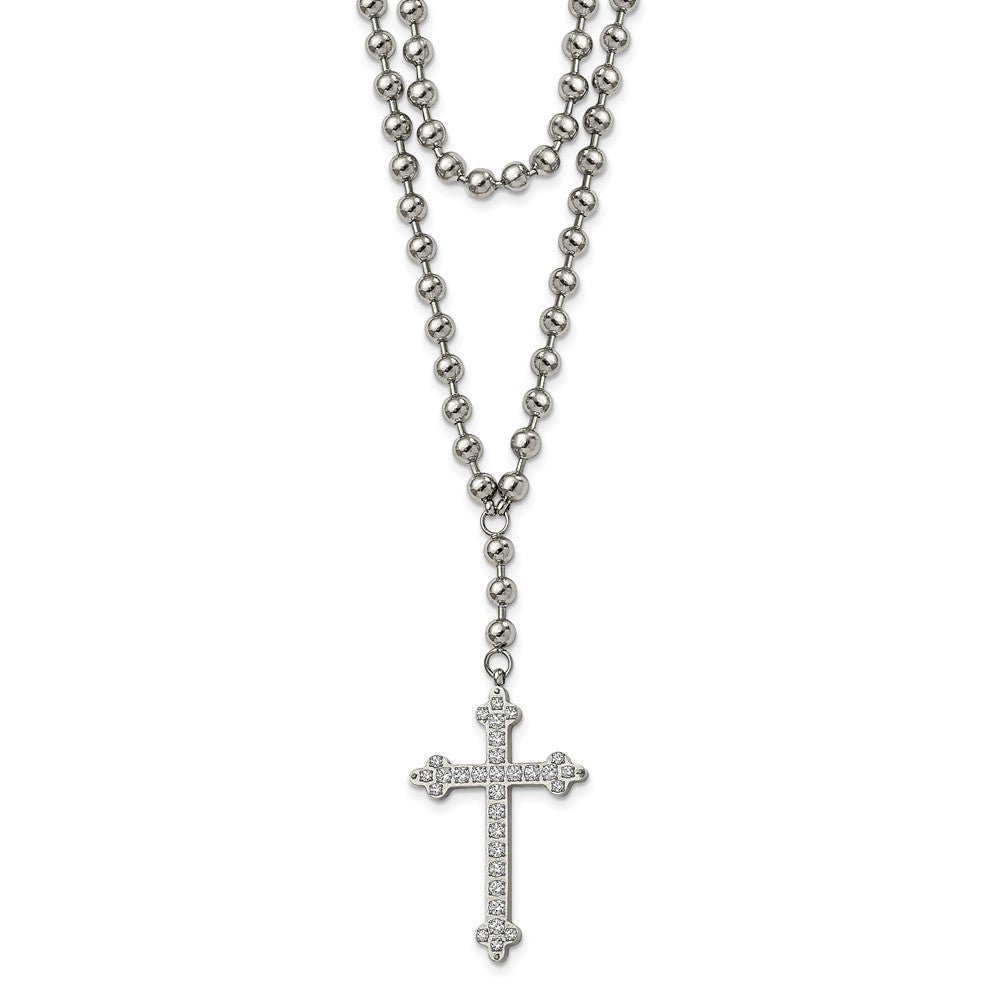 Stainless Steel Polished Cross w/Crystal Two Strand Beaded 16in Necklace, 16 mm