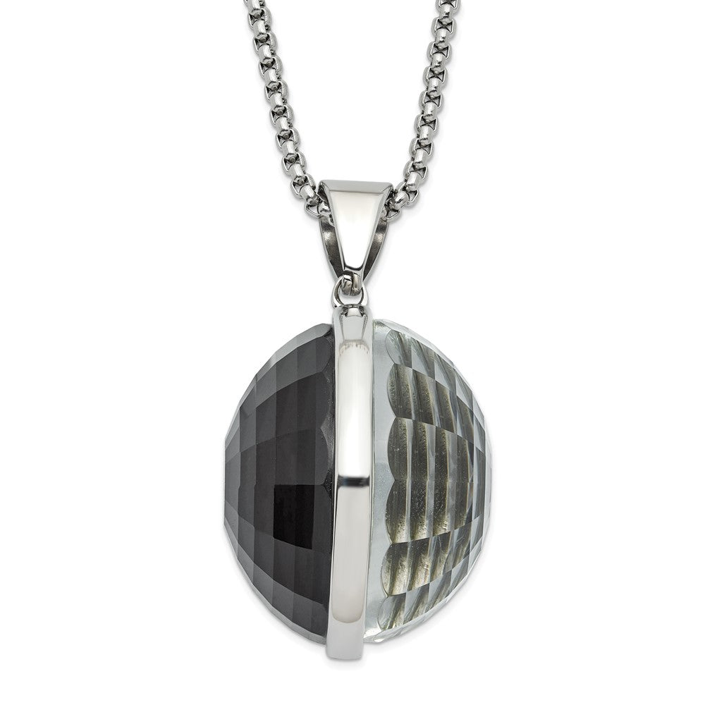 Stainless Steel Polished Grey & Clear Glass Round Pendant Necklace, 24 mm
