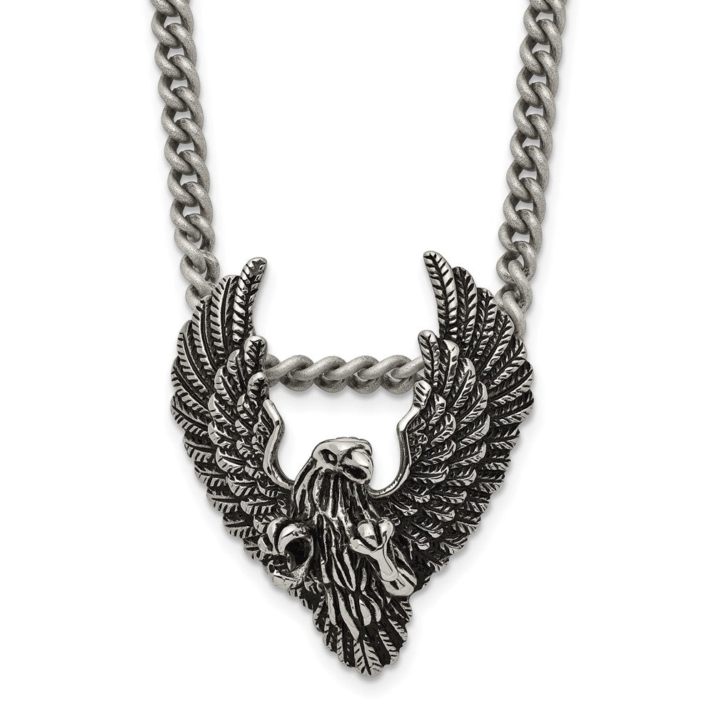 Chisel Stainless Steel Antiqued and Polished Eagle Pendant on a 24 inch Curb Chain Necklace, 24 x 34.25 mm
