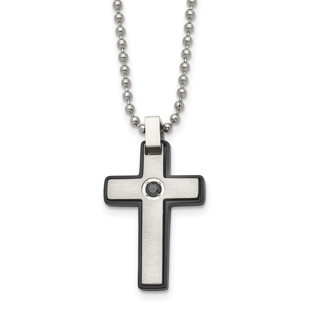 Chisel Stainless Steel Brushed and Polished Black IP-plated CZ Cross Pendant on a 20 inch Ball Chain Necklace, 20 x 19.74 mm