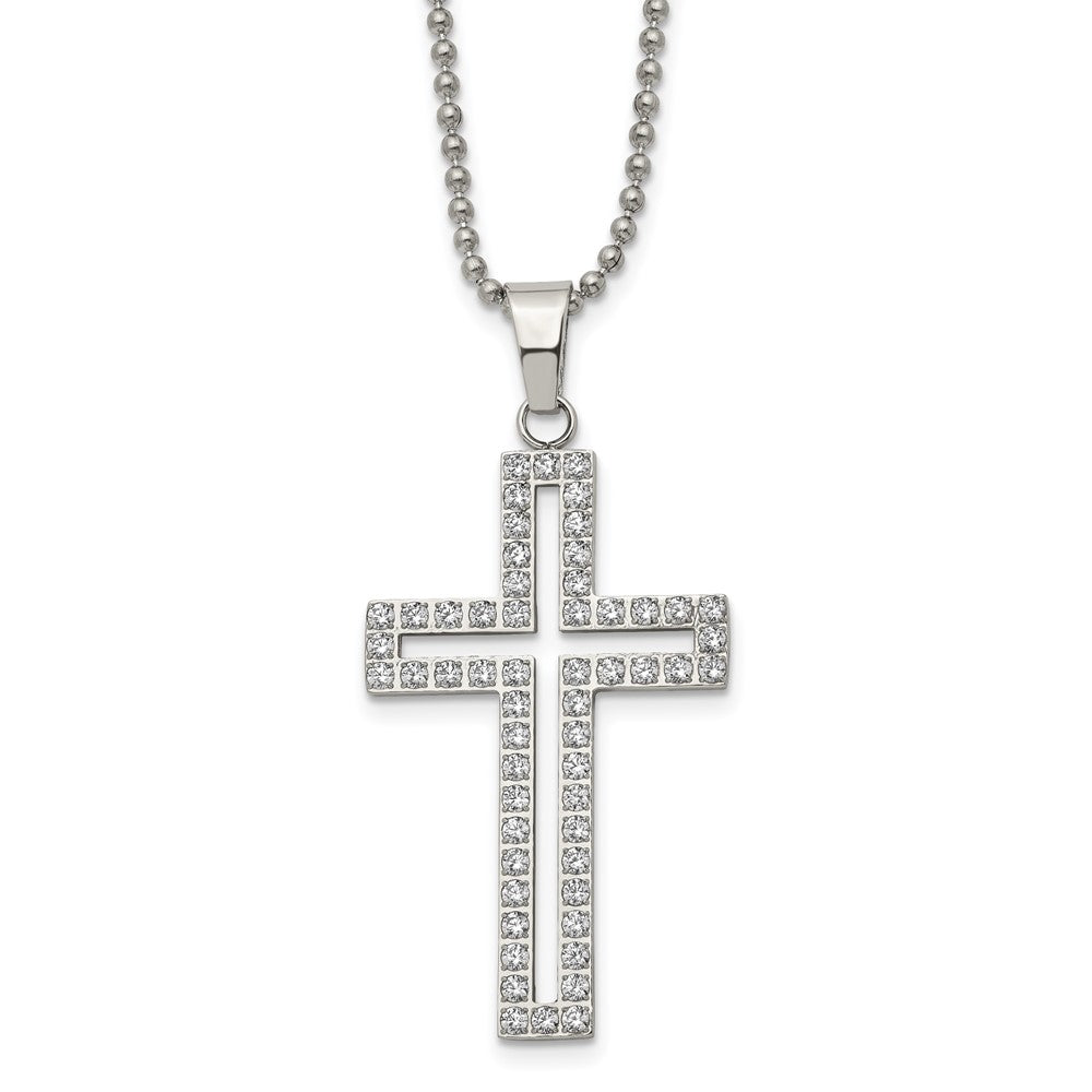 Chisel Stainless Steel Polished with CZ CutoutCross Pendant on a 22 inch Ball Chain Necklace, 22 x 26.99 mm
