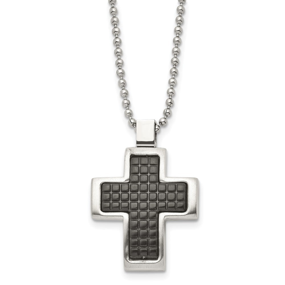 Chisel Stainless Steel Brushed Polished and Textured Black IP-plated Cross Pendant on a 22 inch Ball Chain Necklace, 22 x 24.9 mm