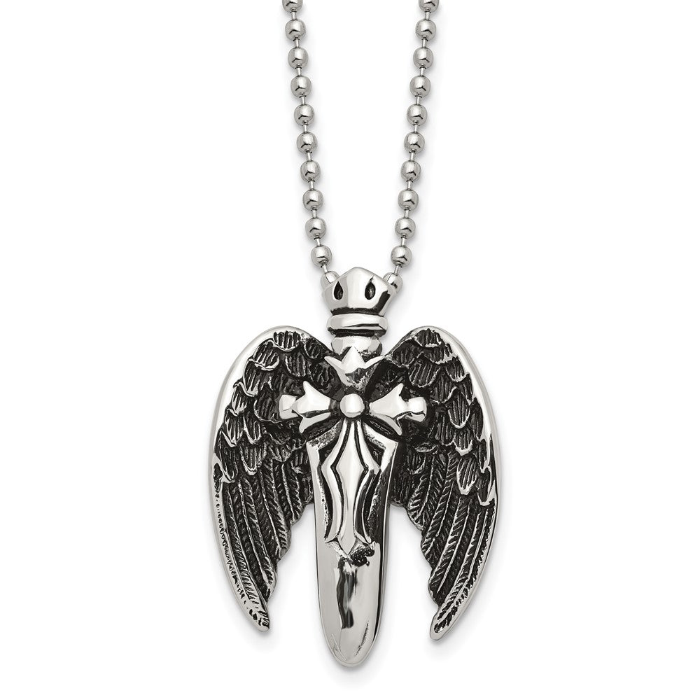 Chisel Stainless Steel Antiqued Brushed and Polished Winged Sword Pendant on a 22 inch Ball Chain Necklace, 22 x 21.2 mm