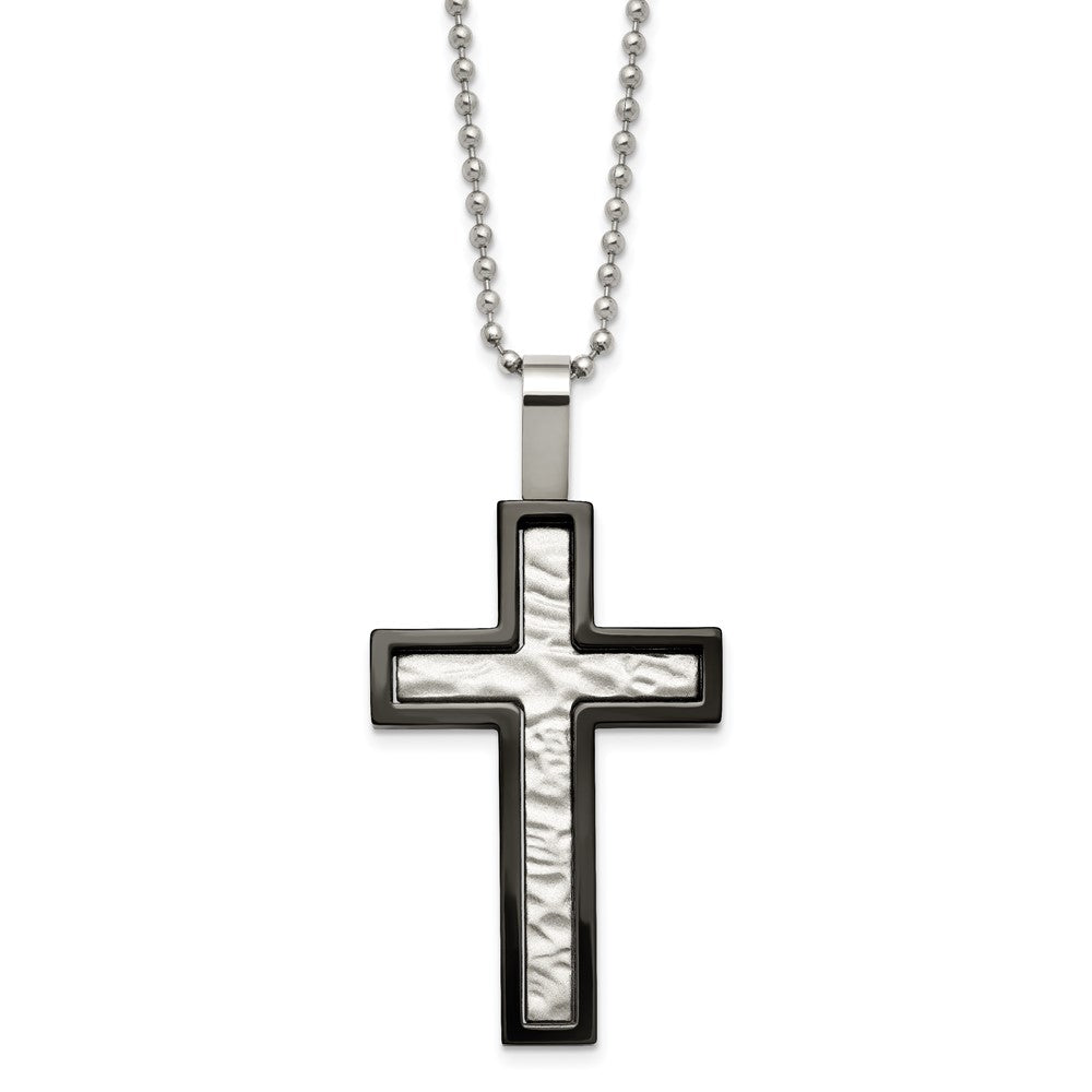 Chisel Stainless Steel Brushed and Polished Hammered Black IP-plated Cross Pendant on a 24 inch Ball Chain Necklace, 24 x 29.03 mm