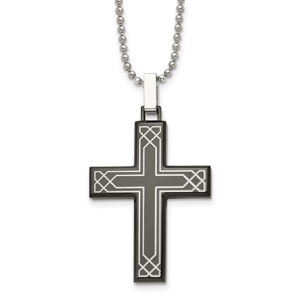 Chisel Stainless Steel Polished Laser Etched Black IP-plated Cross Pendant on a 24 inch Ball Chain Necklace, 24 x 30 mm