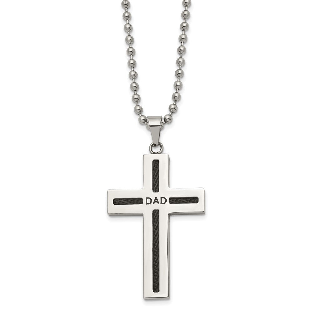 Chisel Stainless Steel Polished Black IP-plated Cable DAD Cross Pendant on a 24 inch Ball Chain Necklace, 24 x 33.03 mm