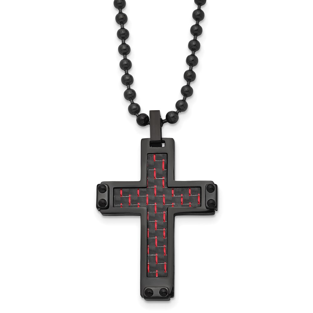 Chisel Stainless Steel Polished Black IP-plated with  Black and Red Carbon Fiber Inlay Cross Pendant on a 22 inch Ball Chain Necklace, 22 x 28.38 mm