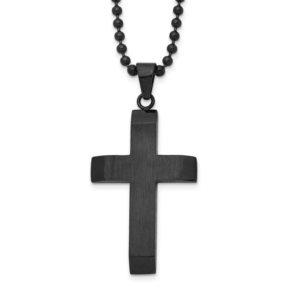 Chisel Stainless Steel Brushed and Polished Black IP-plated Cross Pendant on a 24 inch Ball Chain Necklace, 24 x 28.46 mm