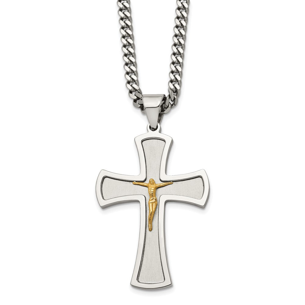 Chisel Stainless Steel Brushed and Polished Yellow IP-plated Crucifix Pendant on a 24 inch Curb Chain Necklace, 24 x 34.79 mm