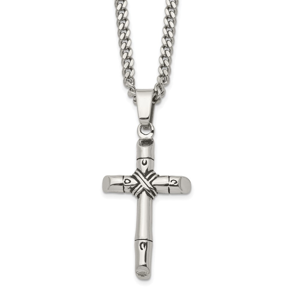 Chisel Stainless Steel Antiqued and Polished Reversible Cross Pendant on a 24 inch Curb Chain Necklace, 24 x 27.92 mm