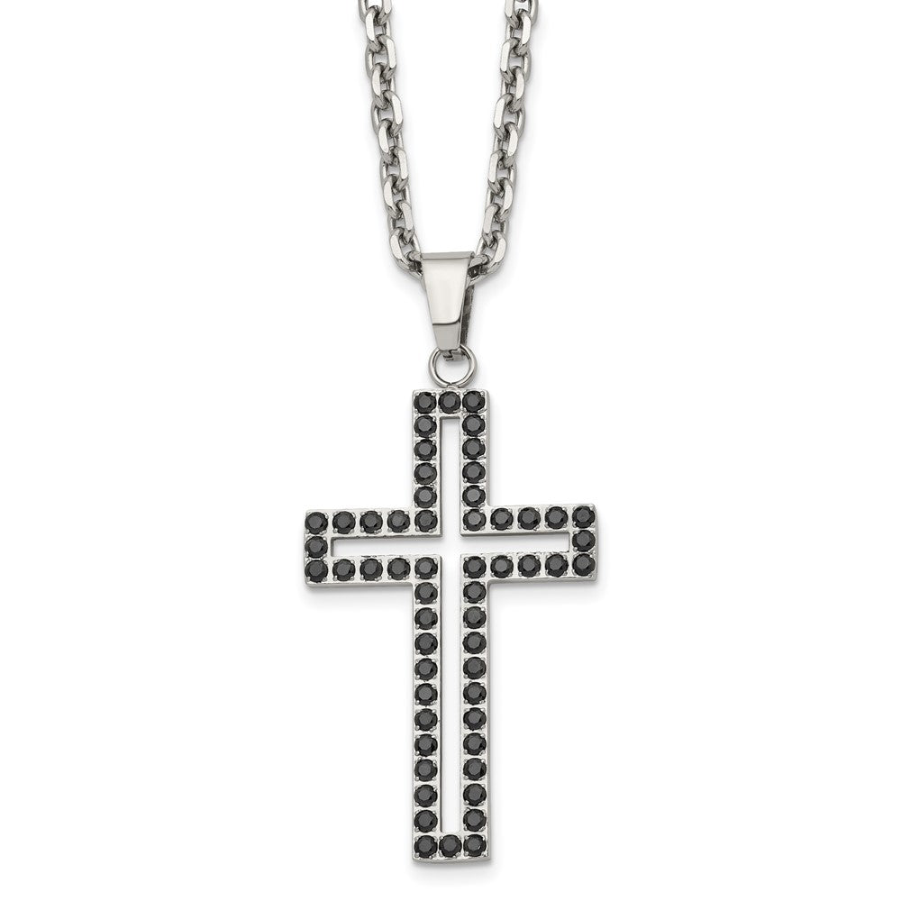 Chisel Stainless Steel Polished Black CZ Cutout Cross Pendant on a 20 inch Cable Chain Necklace, 20 x 26.82 mm