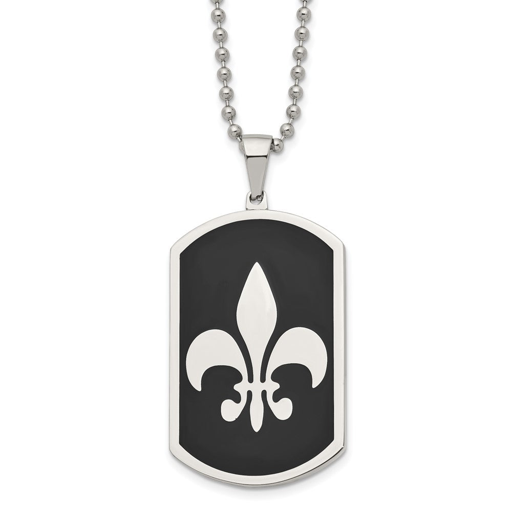 Chisel Stainless Steel Polished Black IP-plated Fleur de lis Dog Tag on a 24 inch Ball Chain Necklace, 24 x 28.02 mm