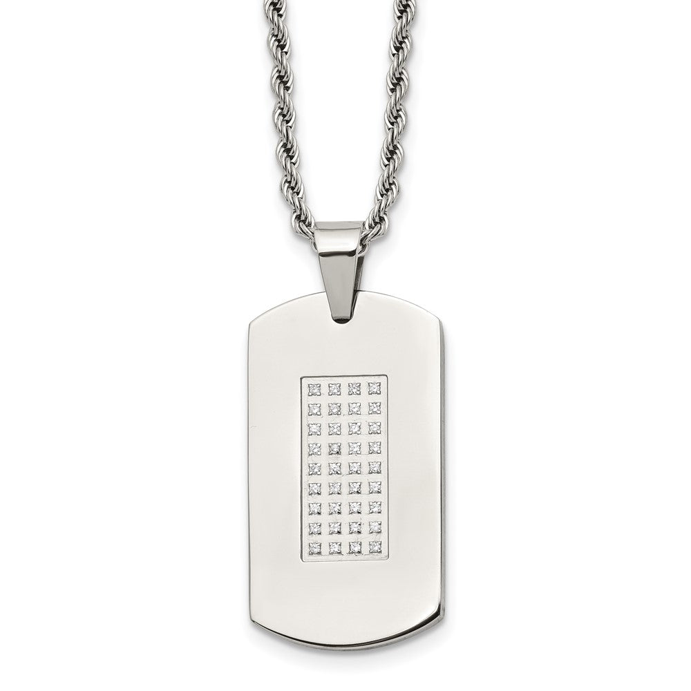 Chisel Stainless Steel Polished with CZ Dog Tag on a 22 inch Rope Chain Necklace, 22 x 18.78 mm