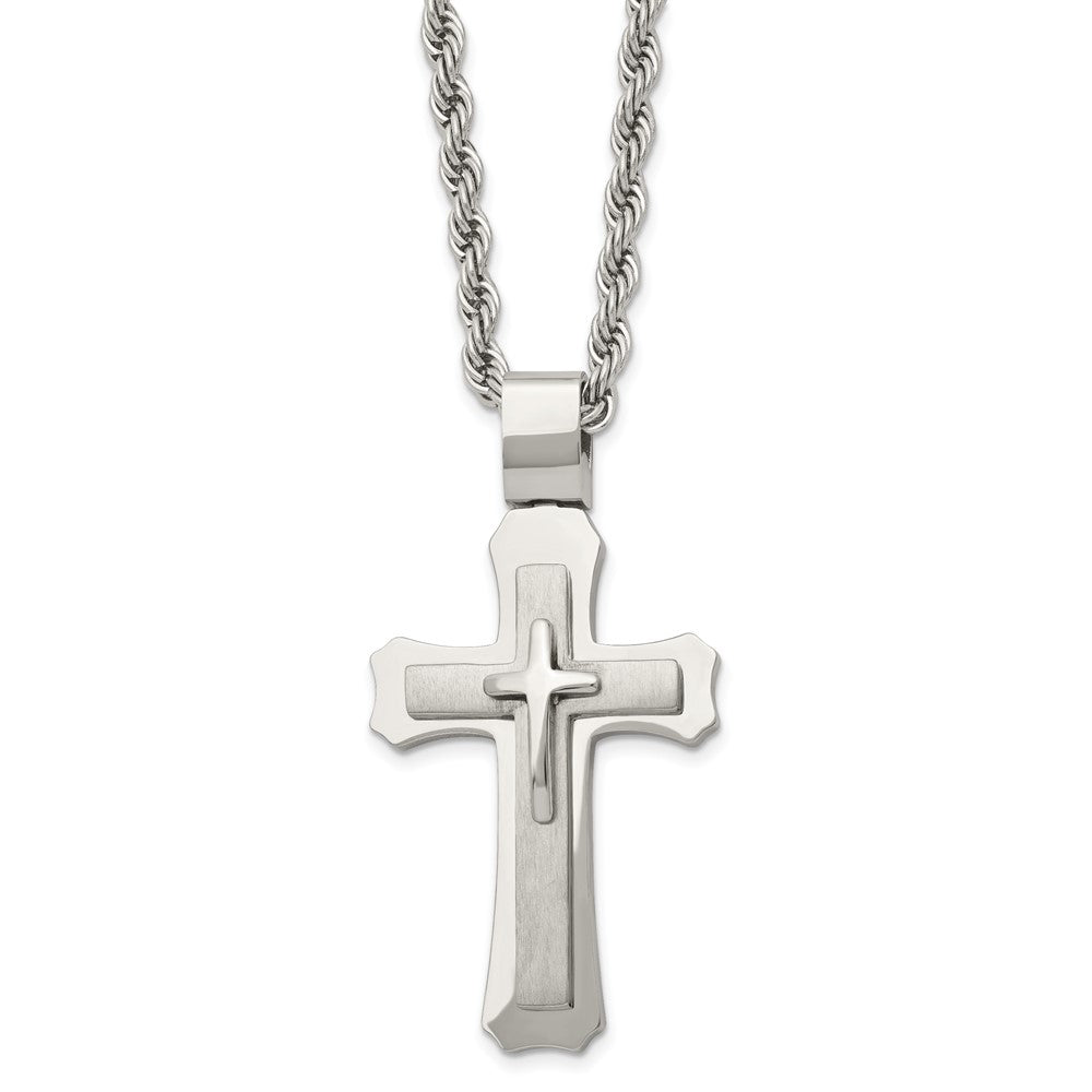 Chisel Stainless Steel Brushed and Polished Triple Layer Cross Pendant on a 24 inch Rope Chain Necklace, 24 x 32.3 mm