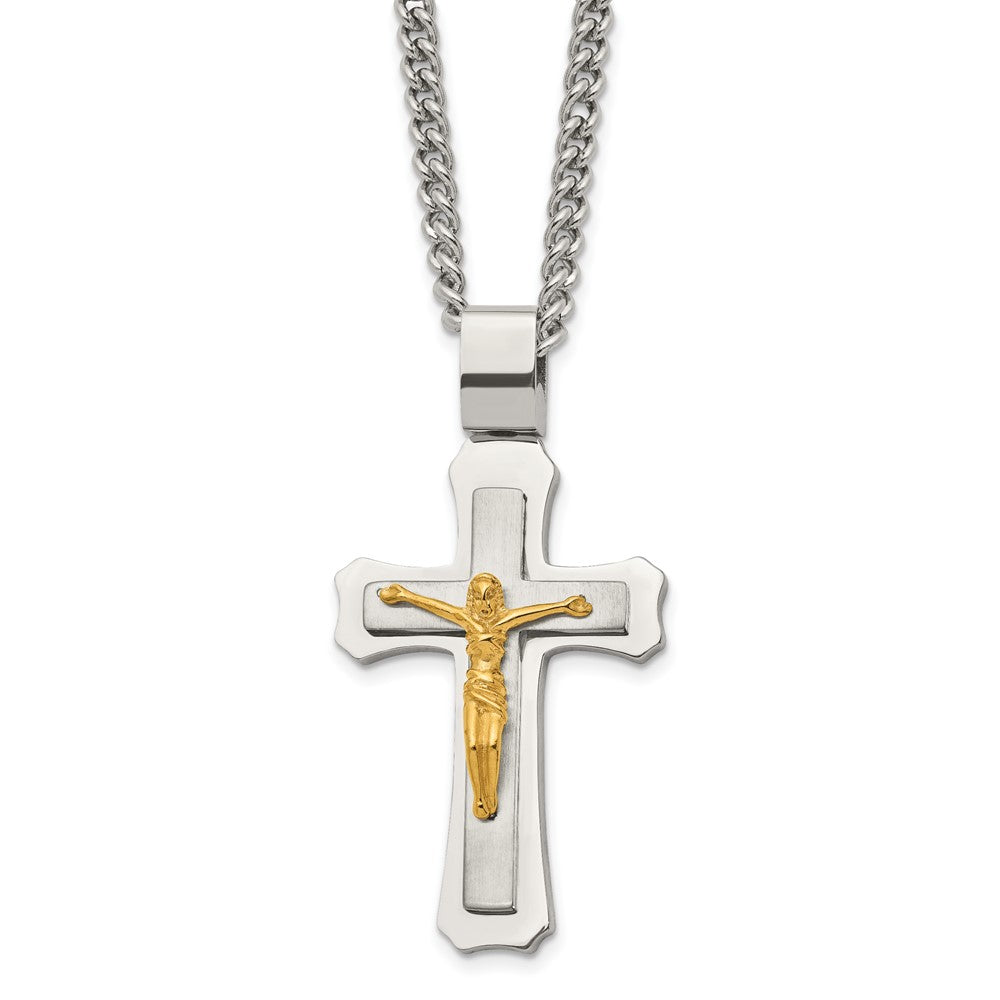Chisel Stainless Steel Brushed and Polished Yellow IP-plated Crucifix Pendant on a 24 inch Curb Chain Necklace, 24 x 31.64 mm