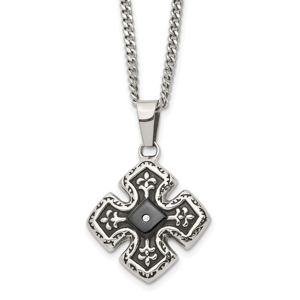 Chisel Stainless Steel Polished Black IP-plated with CZ Celtic Cross Pendant on a 20 inch Curb Chain Necklace, 20 x 27 mm