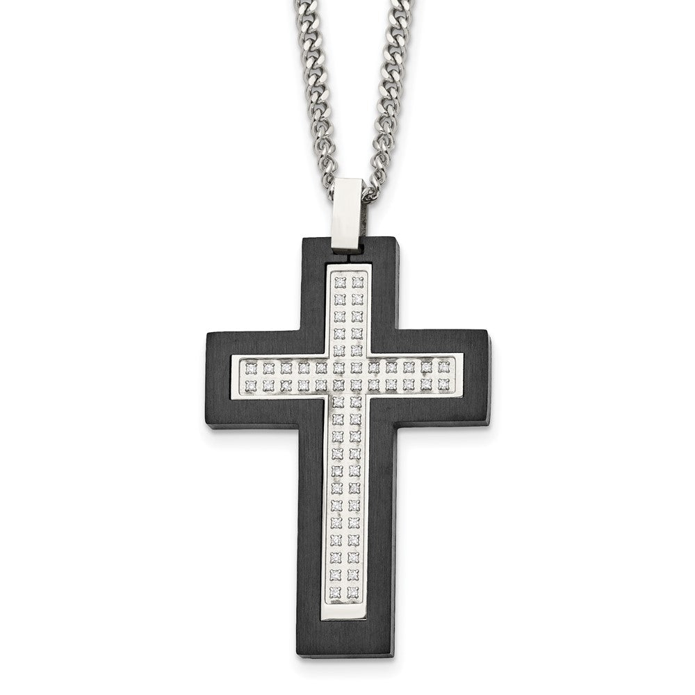Chisel Stainless Steel Brushed and Polished Black IP -plated Edges CZ Cross Pendant on a 24 inch Cable Chain Necklace, 24 x 30.46 mm