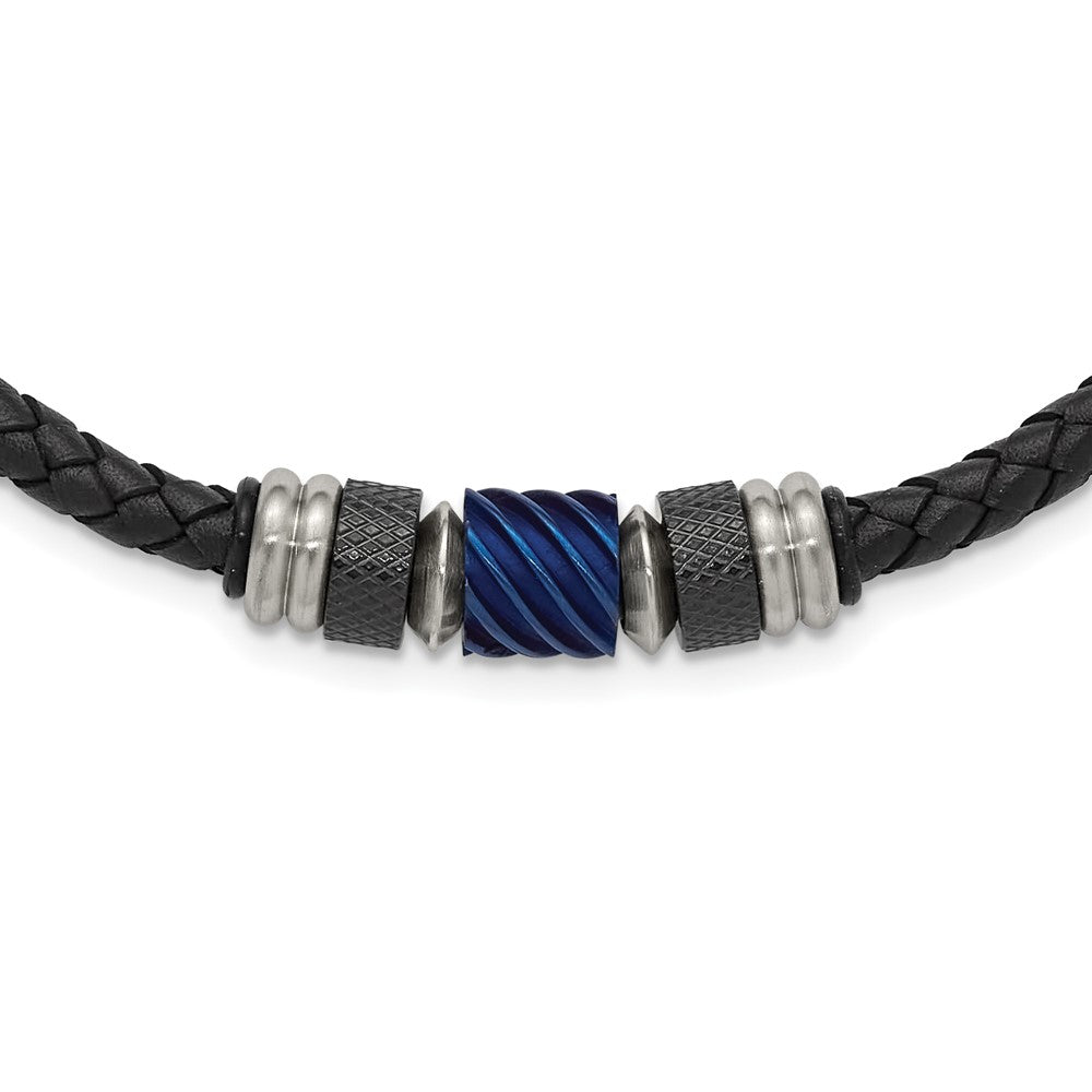 Chisel Stainless Steel Brushed and Polished Black and Blue IP-plated Black Rubber 20 inch Leather Necklace, 20 x 11 mm