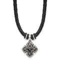 Chisel Stainless Steel Polished Black IP-plated with CZ Black Leather 21 inch Necklace, 21 mm