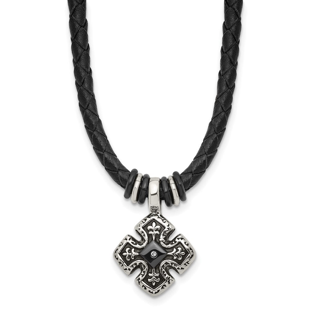 Chisel Stainless Steel Polished Black IP-plated with CZ Black Leather 21 inch Necklace, 21 mm