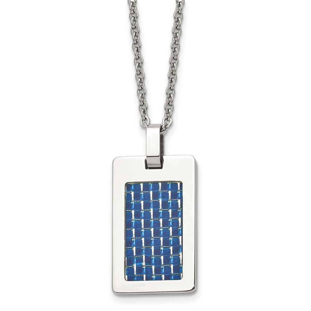 Chisel Stainless Steel Polished with Blue Carbon Fiber Inlay Rectangle Dog Tag on a 22 inch Cable Chain Necklace, 22 x 18.04 mm