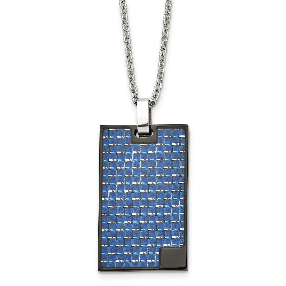 Stainless Steel BlackIP-plated w/Blue Carbon Fiber Inlay Rectangle Necklace, 22 x 22.33 mm