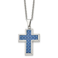 Chisel Stainless Steel Polished with Blue Carbon Fiber Inlay Cross Pendant on a 22 inch Cable Chain Necklace, 22 x 28 mm