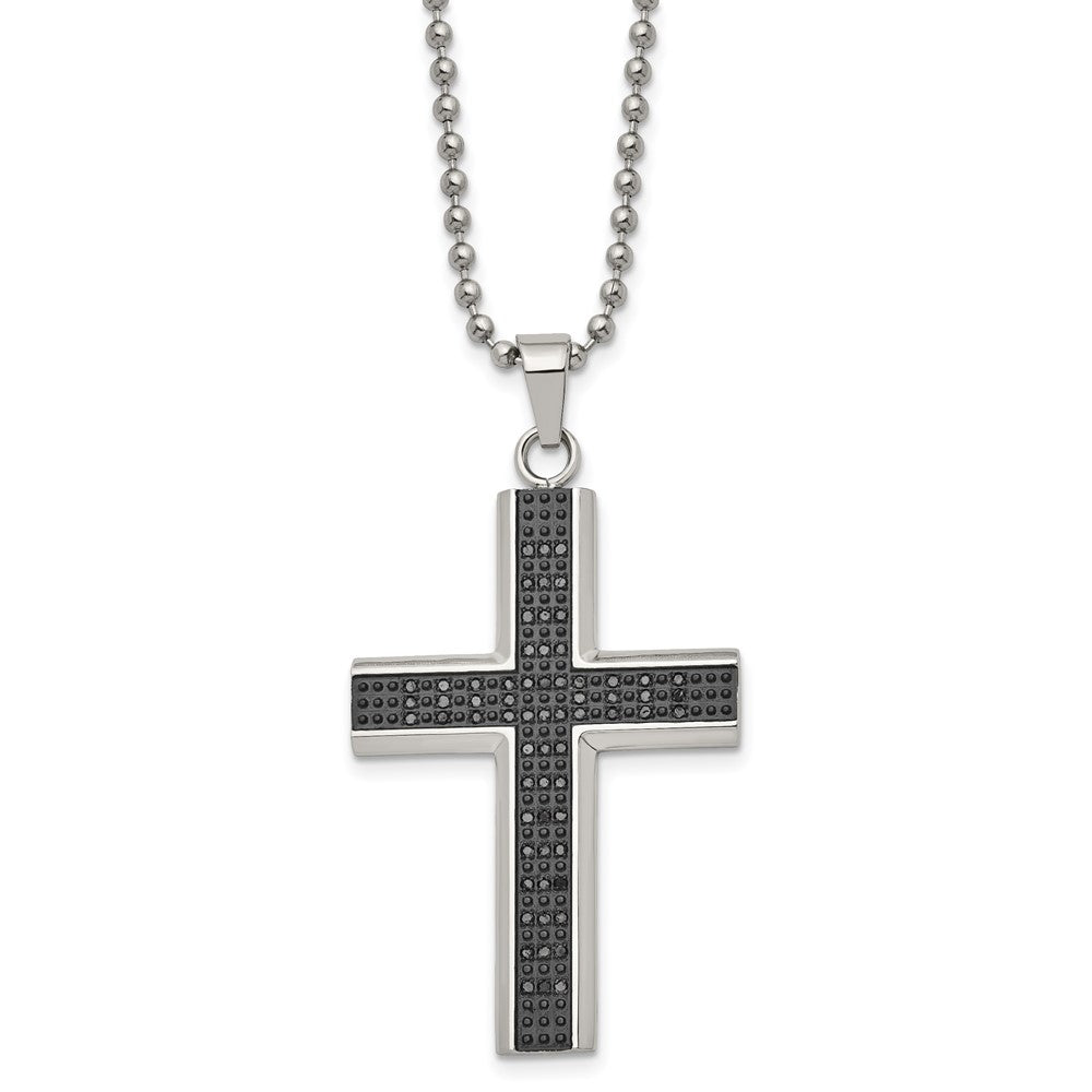 Chisel Stainless Steel Polished with Black Rhodium 1/2 carat Black Diamond Cross Pendant on a 24 inch Ball Chain Necklace, 0.5 ct, 24 x 33.79 mm