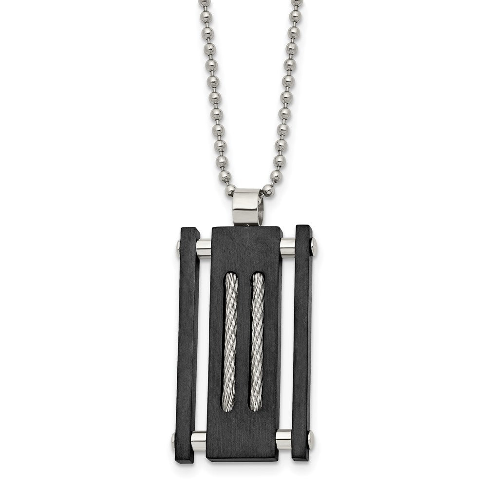 Stainless Steel Brushed & Polished Black IP w/Cable Rectangle Necklace, 20 mm