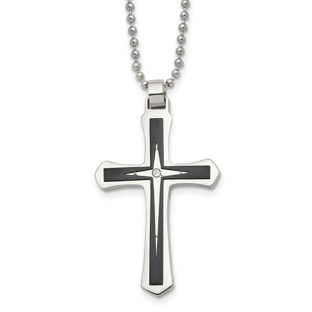 Chisel Stainless Steel Brushed and Polished Black IP-plated with CZ Cross Pendant on a 20 inch Ball Chain Necklace, 20 x 28.5 mm