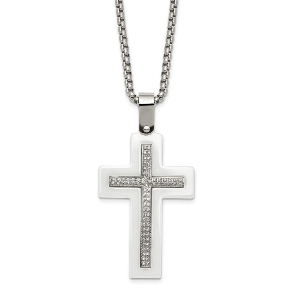 Stainless Steel Polished White Ceramic w/CZ Cross 23.75in Necklace, 24 x 29.28 mm