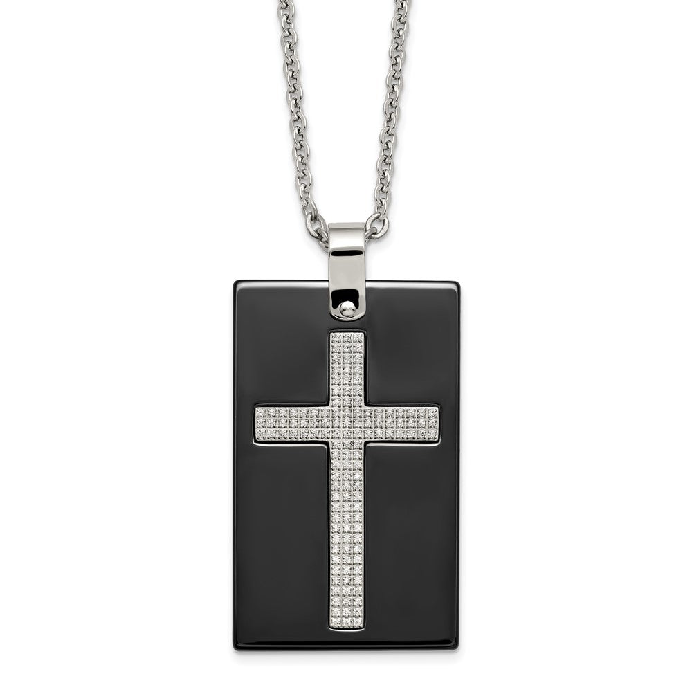 Stainless Steel Polished Black Ceramic w/CZ Cross Dog Tag 24in Necklace, 24 x 30.66 mm