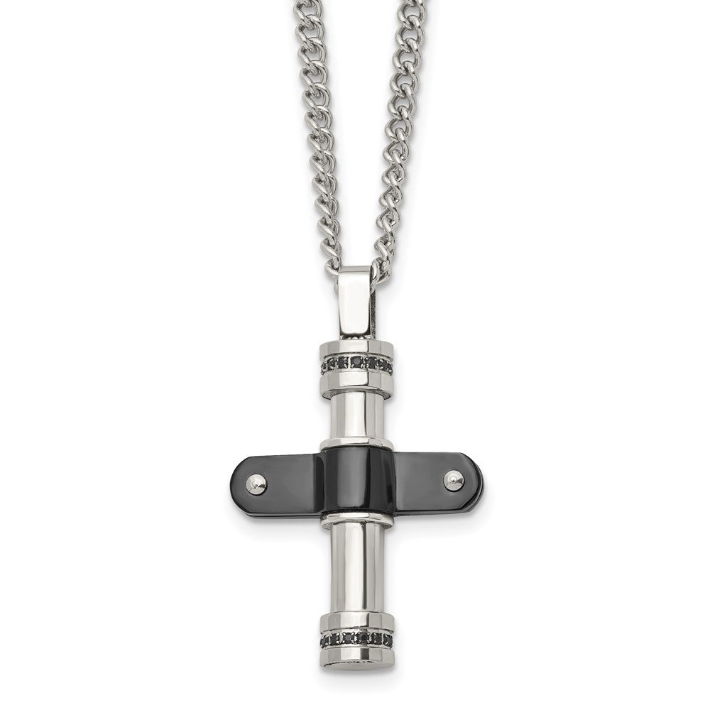 Stainless Steel Polished Black IP-plated w/Black CZ Cross 22in Necklace, 22 mm