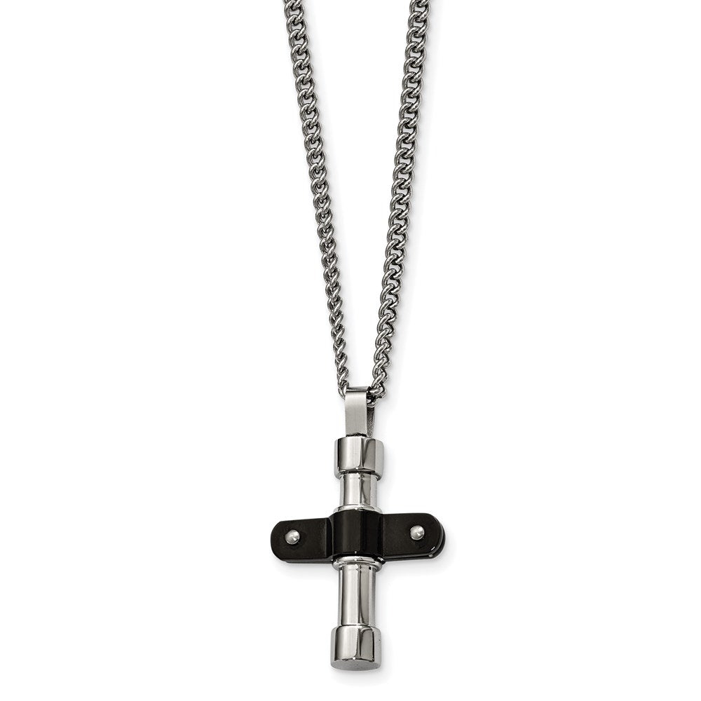 Stainless Steel Polished Black IP Cross Necklace, 22 x 23.6 mm