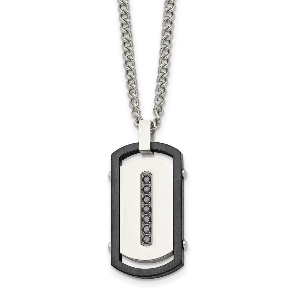 Stainless Steel Brushed/Polished Black IP Rim w/Black CZ Dog Tag Necklace, 22 mm