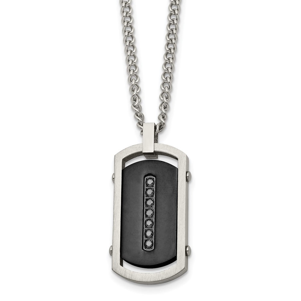 Chisel Stainless Steel Brushed and Polished Black IP-plated Center with Black CZ Dog Tag on a 22 inch Curb Chain Necklace, 22 x 18.68 mm
