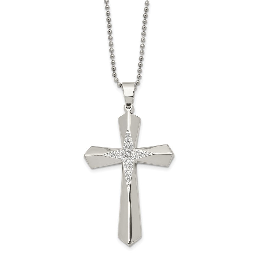 Chisel Stainless Steel Polished with CZ Cross Pendant on a 24.5 inch Ball Chain Necklace, 24.5 x 39.18 mm