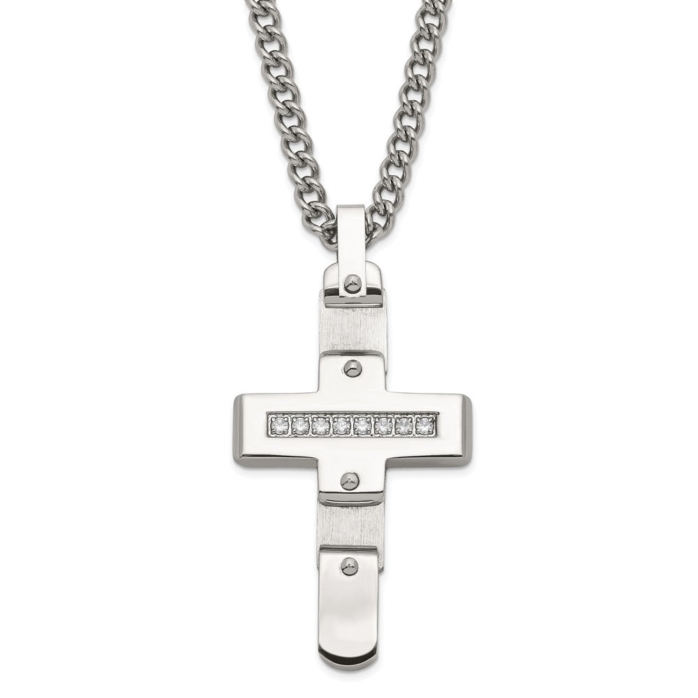 Stainless Steel Polished & Brushed CZ Moveable Cross Necklace, 22 mm