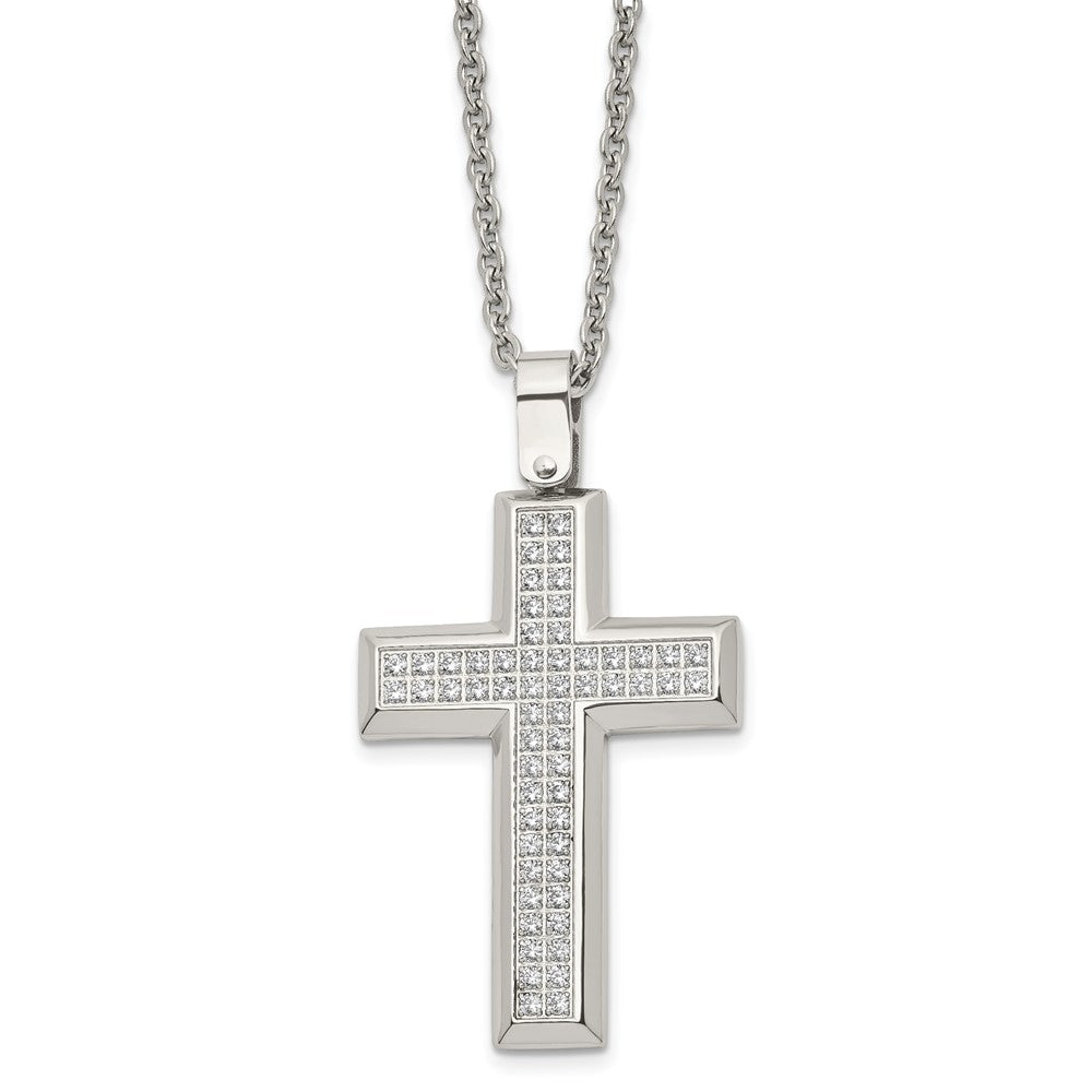 Chisel Stainless Steel Polished CZ Cross Pendant on a 24 inch Cable Chain Necklace, 24 x 19.01 mm