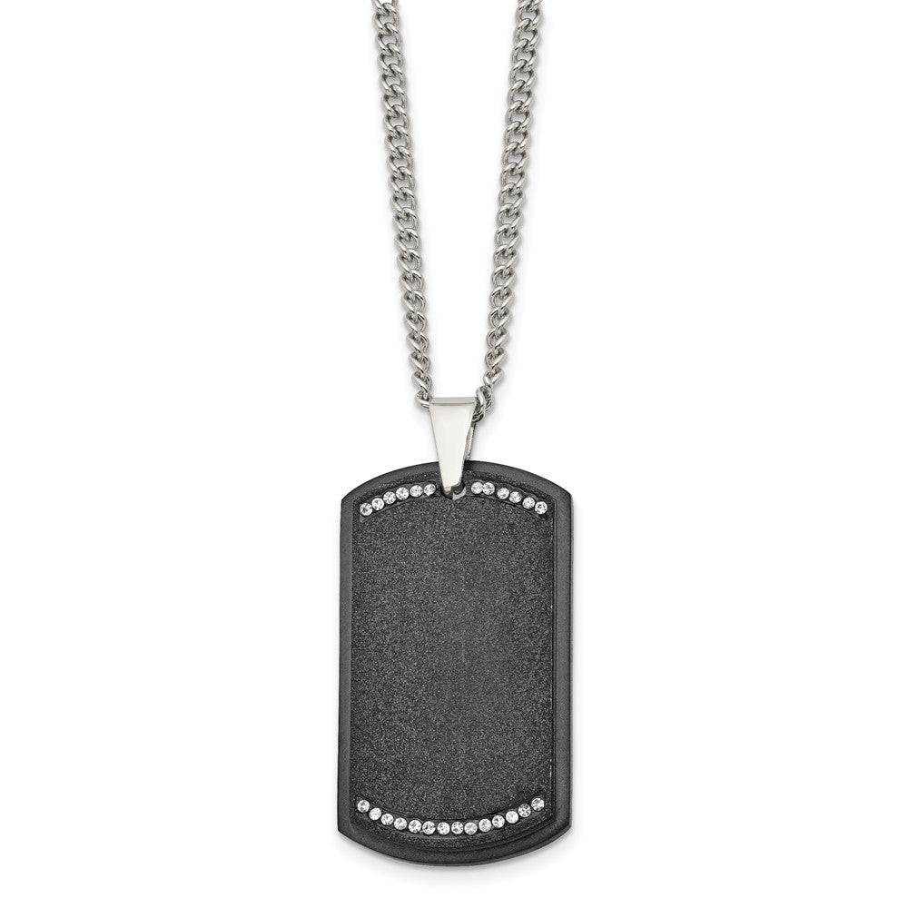 Chisel Stainless Steel Brushed Laser Cut Black IP-plated with CZ Dog Tag on a 24 inch Curb Chain Necklace, 24 x 24.75 mm