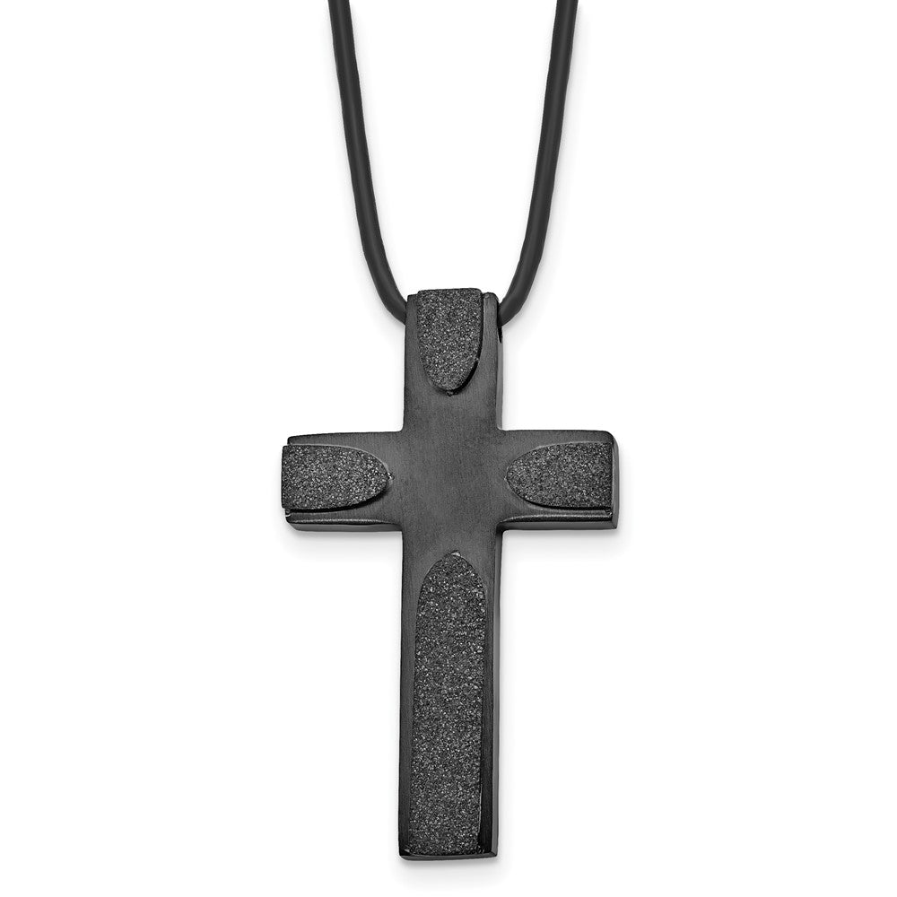 Stainless Steel Brushed LaserCut Blk IP Cross 20in Leather Cord Necklace, 20 x 25.5 mm