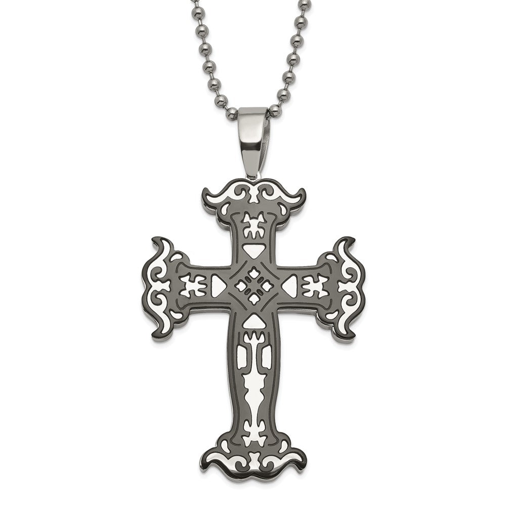 Stainless Steel Polished & Black IP-Plated Cut-out Cross Necklace, 20 mm
