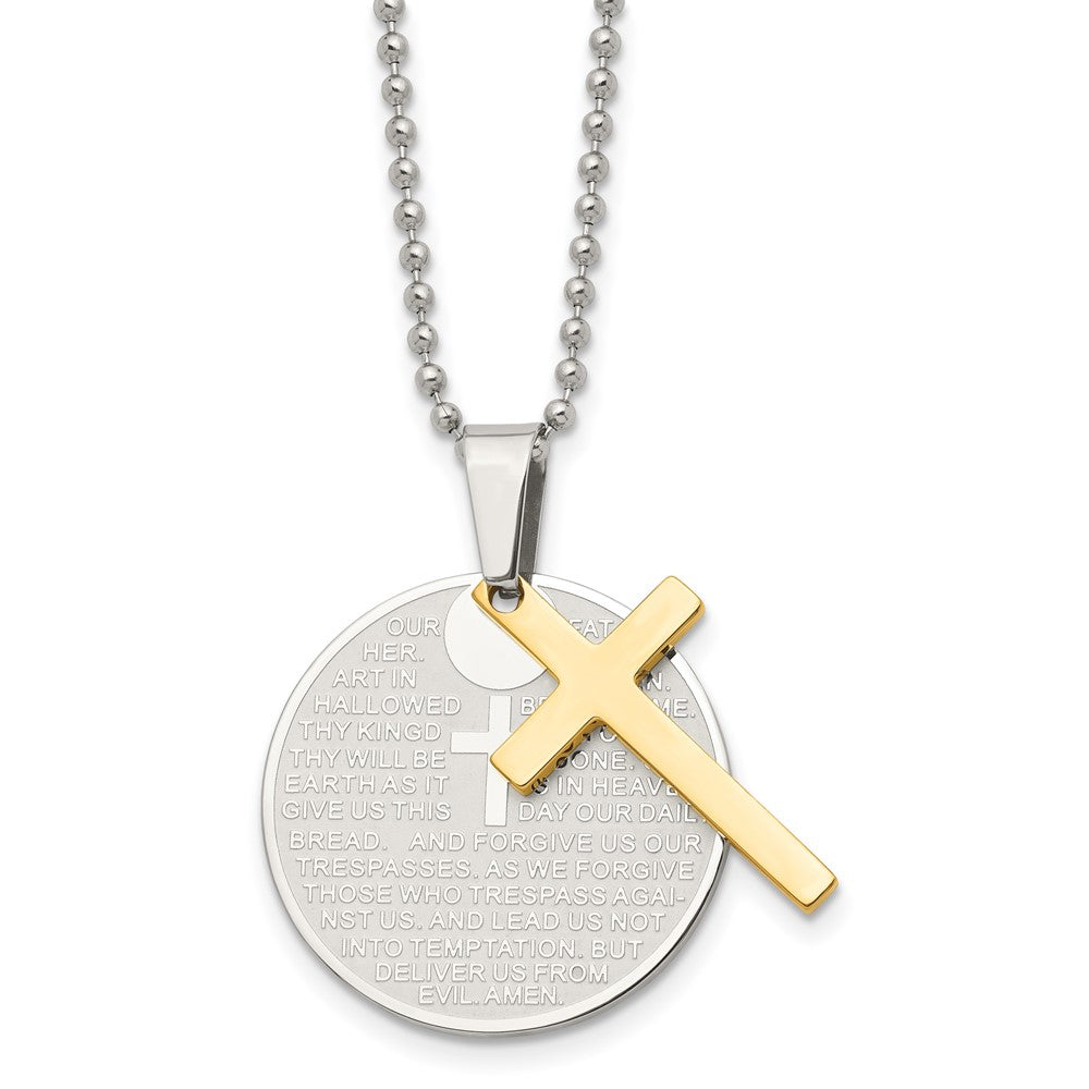 Chisel Stainless Steel Brushedand Polished Yellow IP-plated 2 Piece Lords Prayer Cross on a 20 inch Ball Chain Necklace, 20 x 29.18 mm