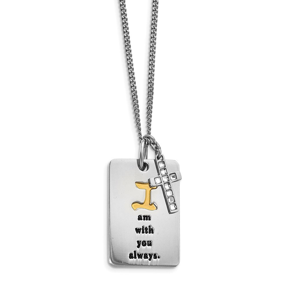 Stainless Steel Polished Yellow IP w/ CZ I AM WITH YOU Cross Necklace, 20.5 mm