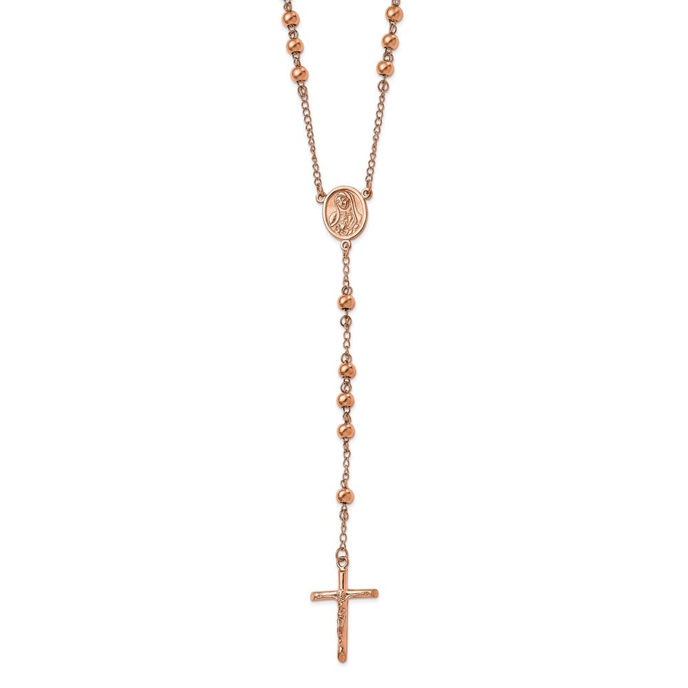 Chisel Stainless Steel Polished Rose IP-plated 30 inch Rosary Necklace, 30 x 23.4 mm