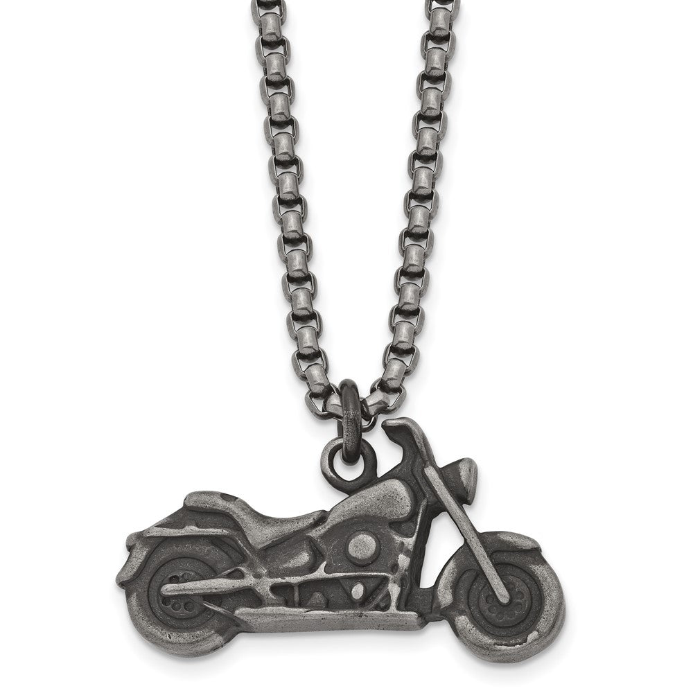 Chisel Stainless Steel Antiqued and Polished Motorcycle Pendant on a 25.5 inch Box Chain Necklace, 25.5 x 27.98 mm