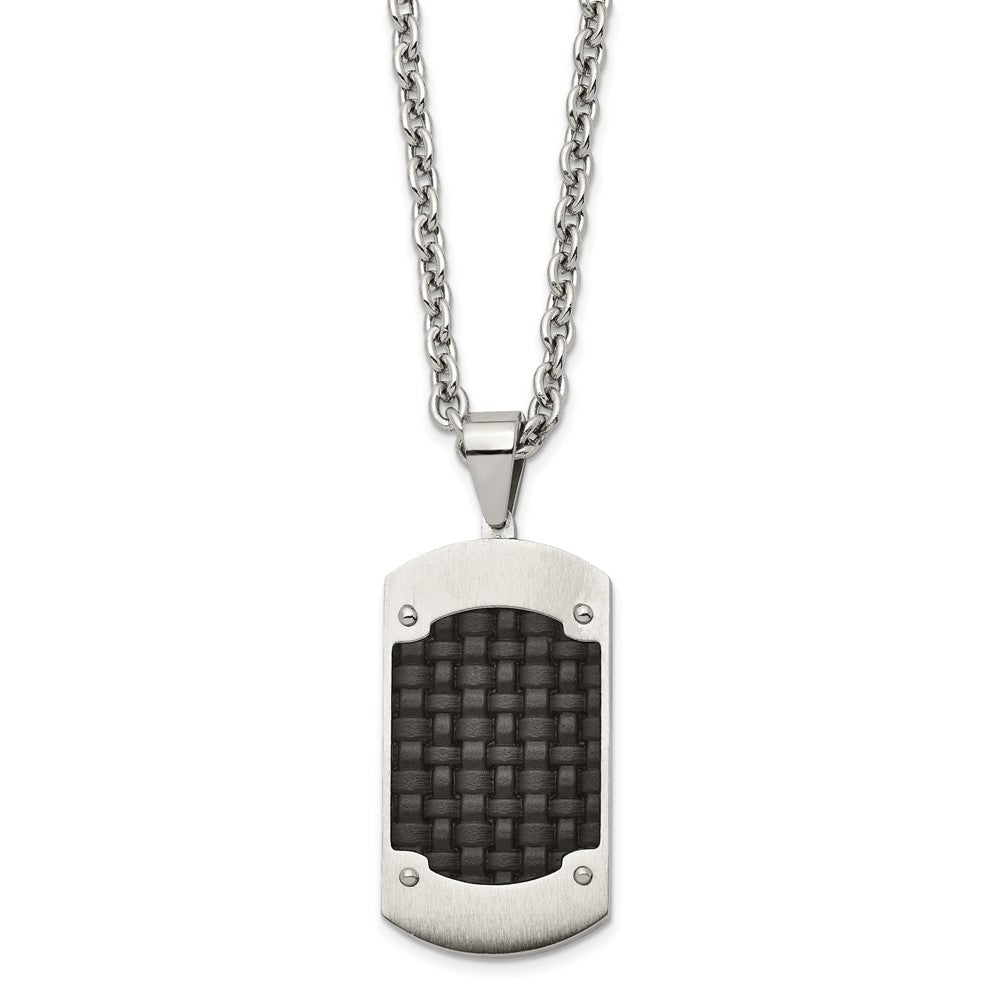 Stainless Steel Brushed w/Black Leather Inlay Dog Tag 24in Necklace, 24 mm