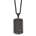 Stainless Steel Brushed Black IP w/Black Leather & CZ Dog Tag Necklace, 24 mm